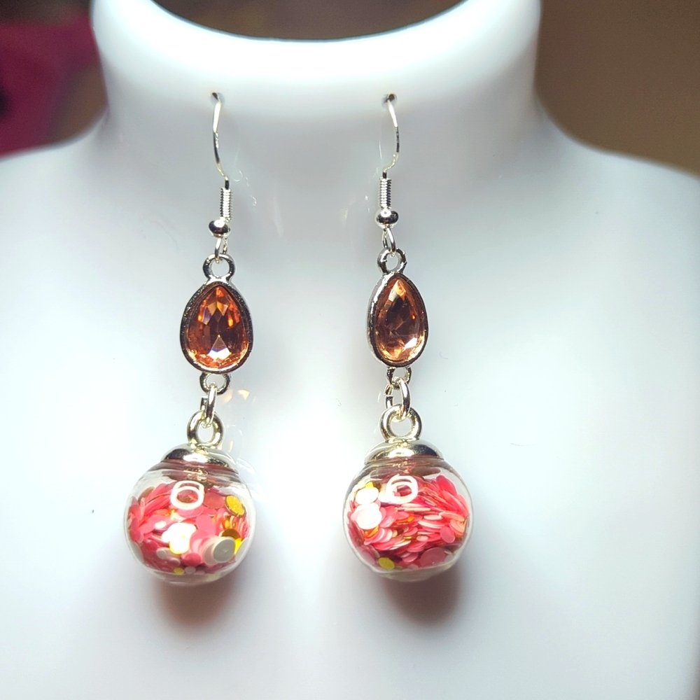 Peachy Pink Rhinestone and Glitter Ball Earrings - Picture 1 of 2